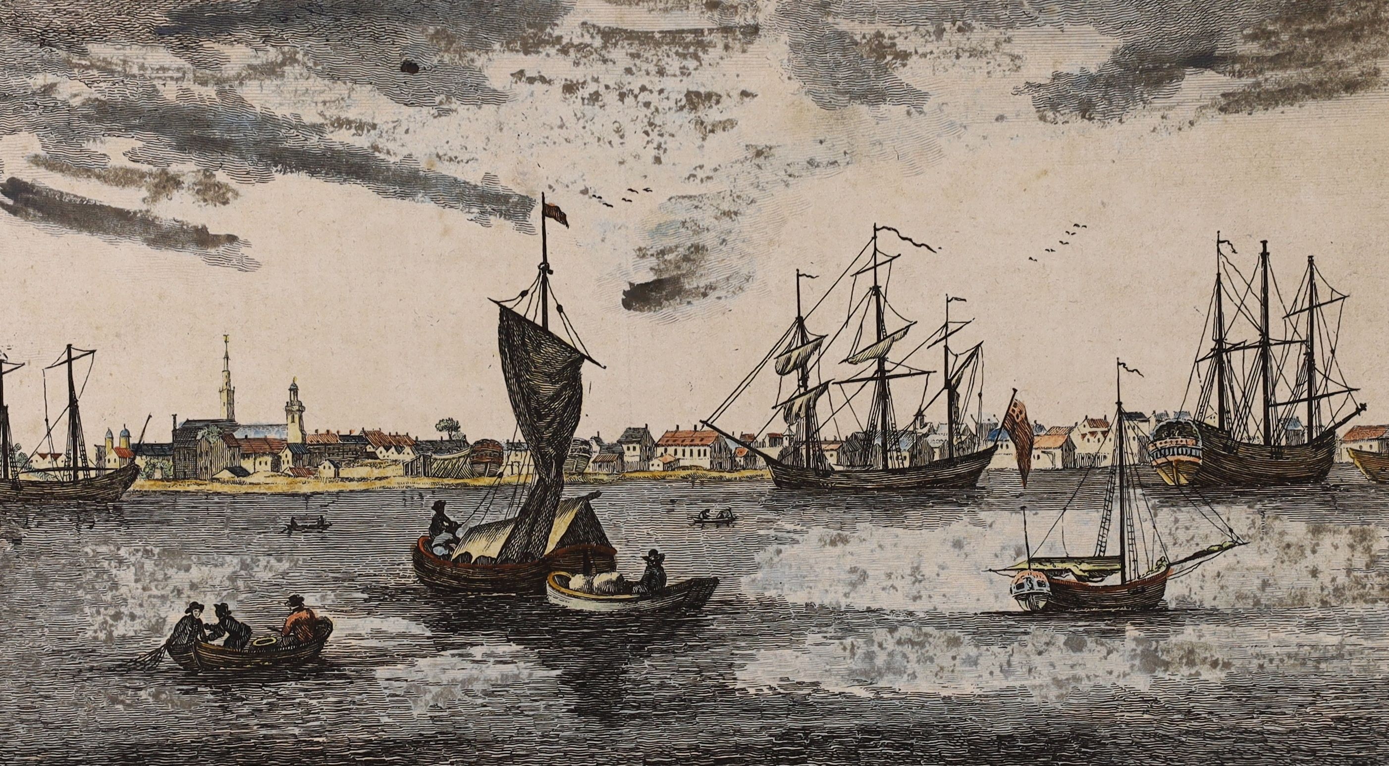 Baillie after Van de Velde, engraving, warships at sea, 1761, 18 x 31cm. an engraving of a warship inscribed 'Rule Britannia', 38 x 44cm, a John Charnock engraving, 'The Captain A British Third Rate. 1678', 28 x 60cm. an